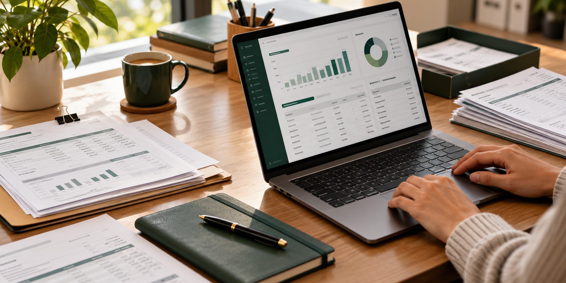 Accounting workstation with a financial report on a laptop and organized statements