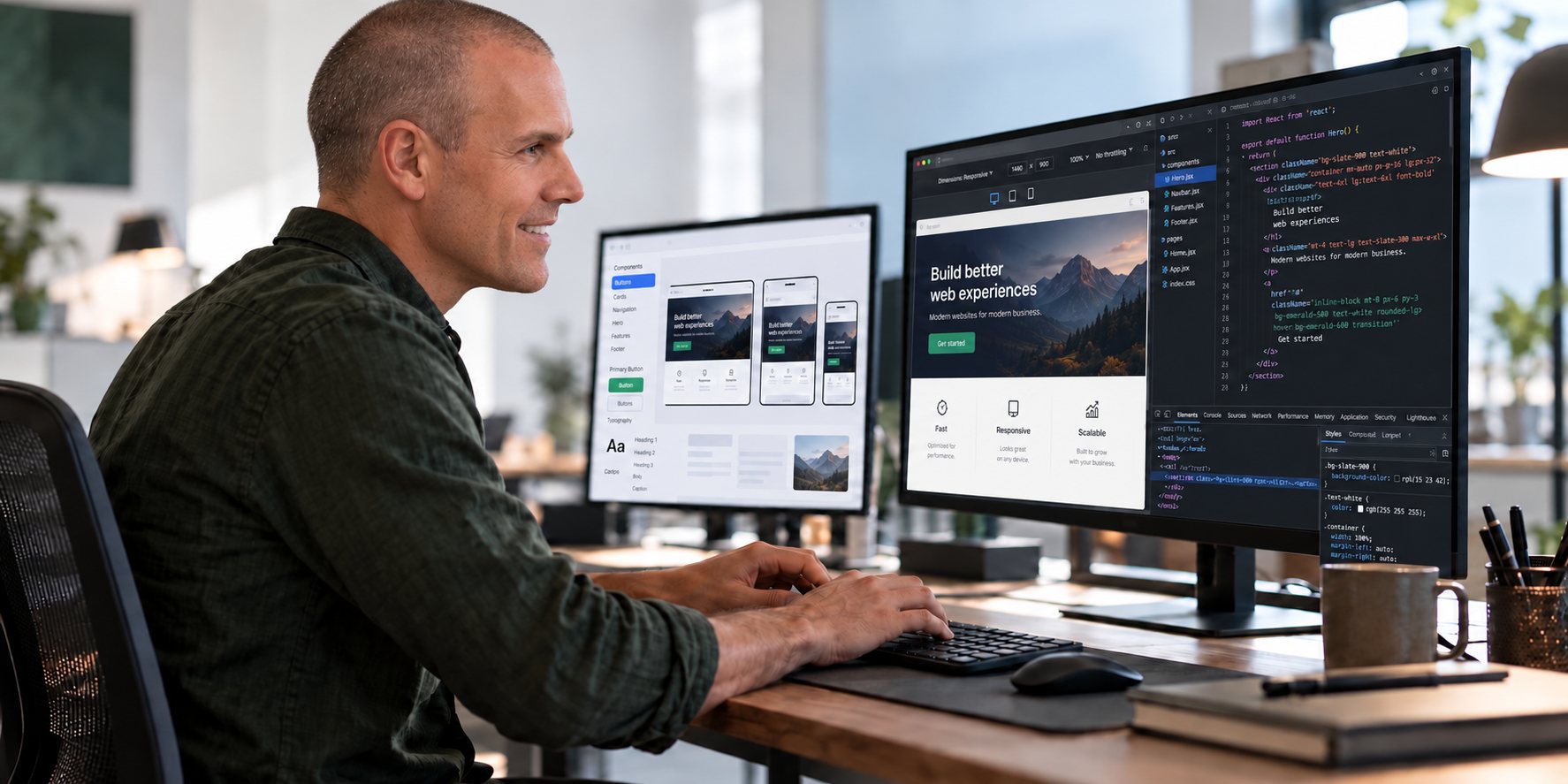 VisionaryTech owner building a responsive website beside component previews, code, and browser development tools