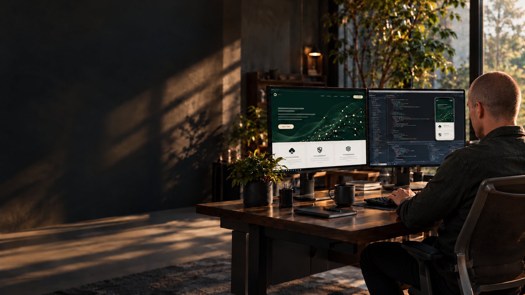 VisionaryTech owner engineering a business website and responsive preview at his desk